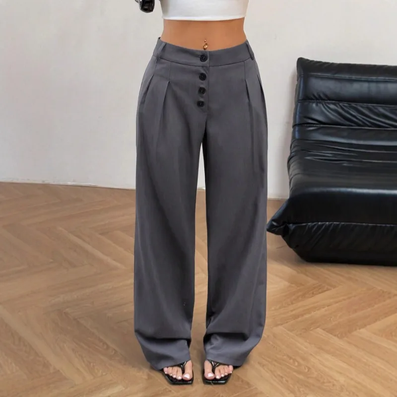 Women's American Retro Design Buttoned Casual Trousers Women's Commuting Style Draped Wide-leg Trousers