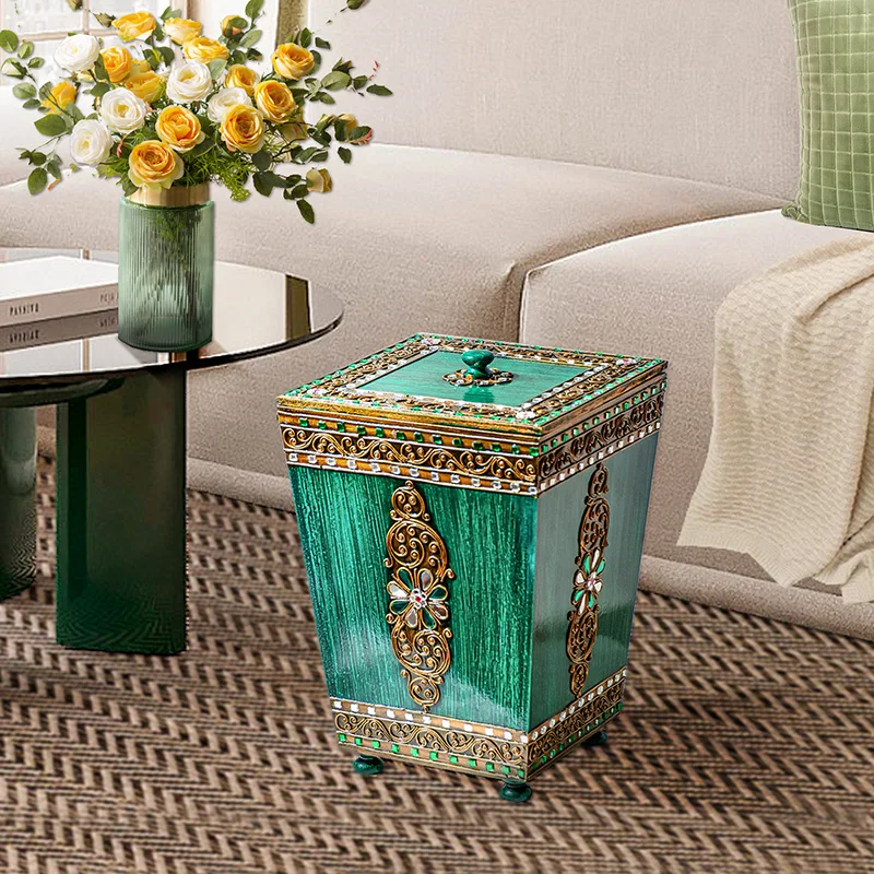 

Vintage-style Waste Bin with Lid in Southeast Asian Design Solid Wood Storage Bin for Home Living Rooms Household Merchandises