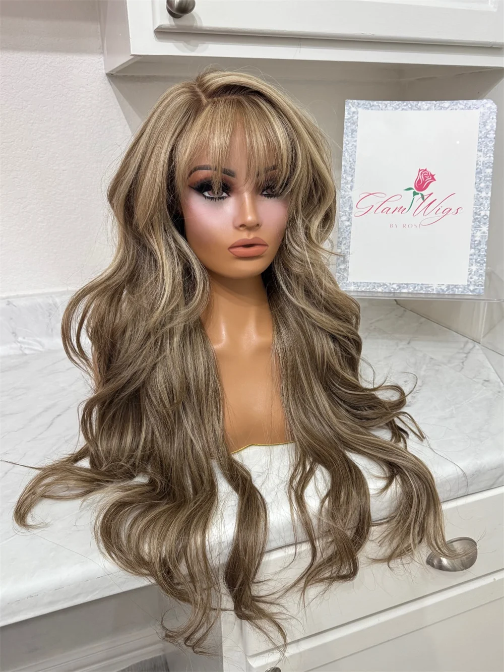 Ash Brown Blonde Highlight HD Invisible Lace Front Wig with Bangs 26'' Heat Resistant Fiber High Quality Wig Natural Fringe Hair