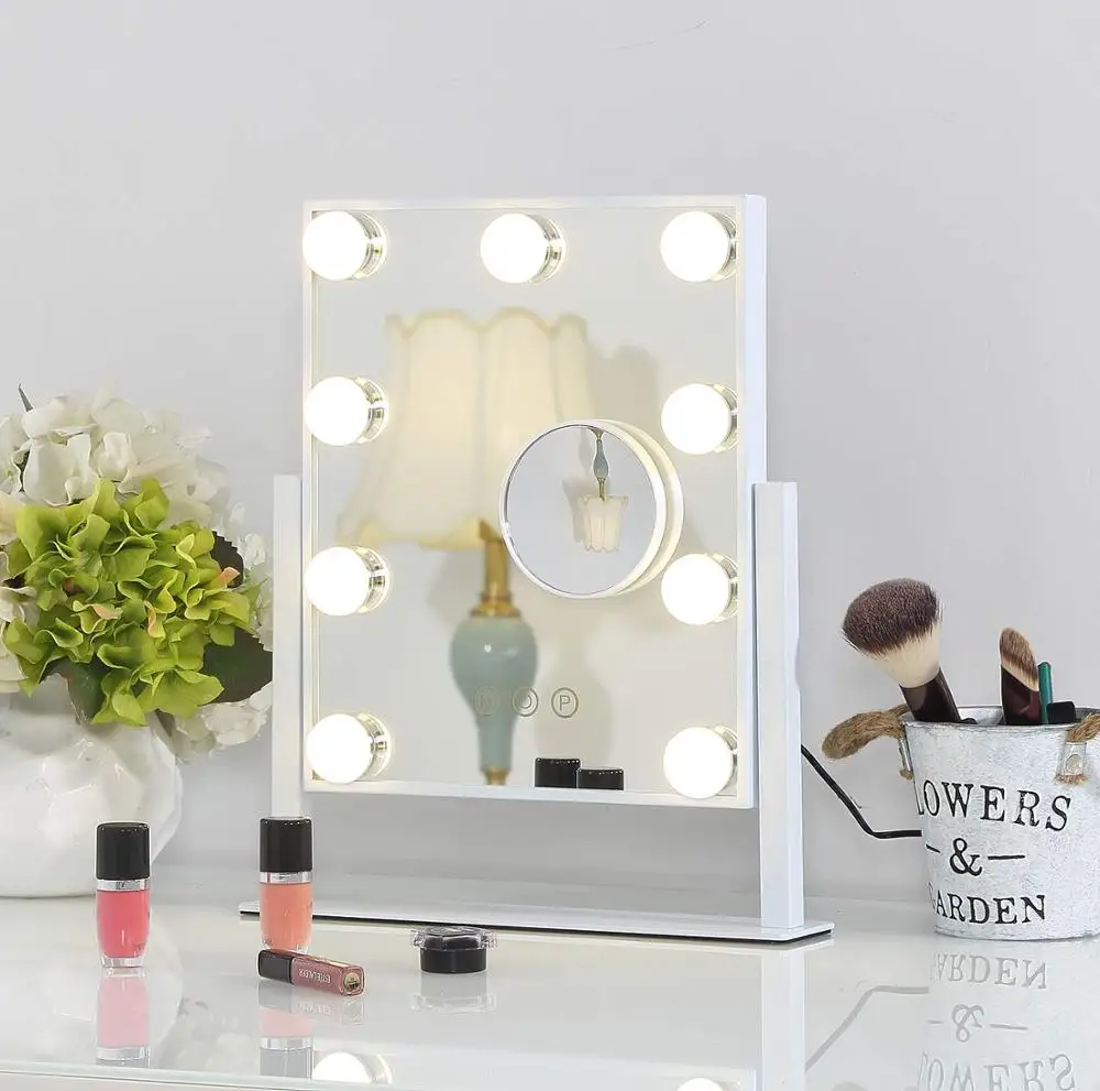 

Vanity Makeup Mirror with Lights 9 Dimmable Bulbs for Dressing Bedroom 3 Color Lighting Modes with Detachable 15x Magnification