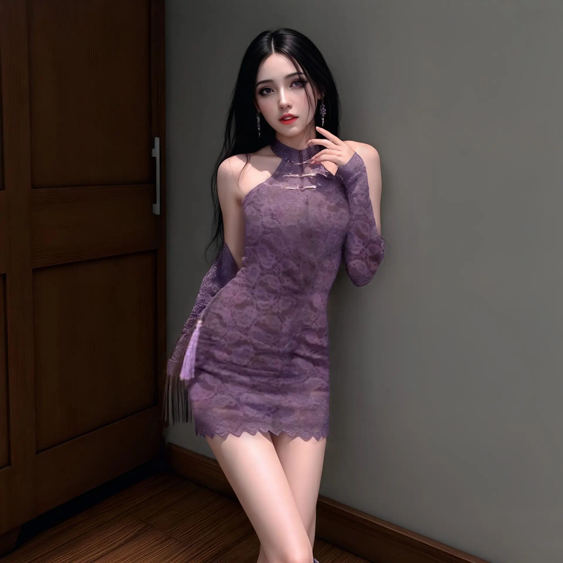 فستان لانجيري صيني مثير نمط شرقي جديد بدون أكتاف دانتيل شيونغسام مع كيب شفاف، ملابس نوم ضيقة ذات رغبة نقية