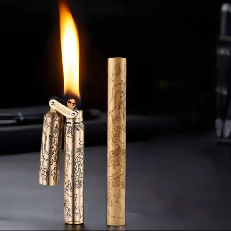 

Brass Double Bar Grinding Wheel Lighter Carved Around Cylindrical Vintage Mini Slim Strip Outdoor Portable Lighter Men's Gift