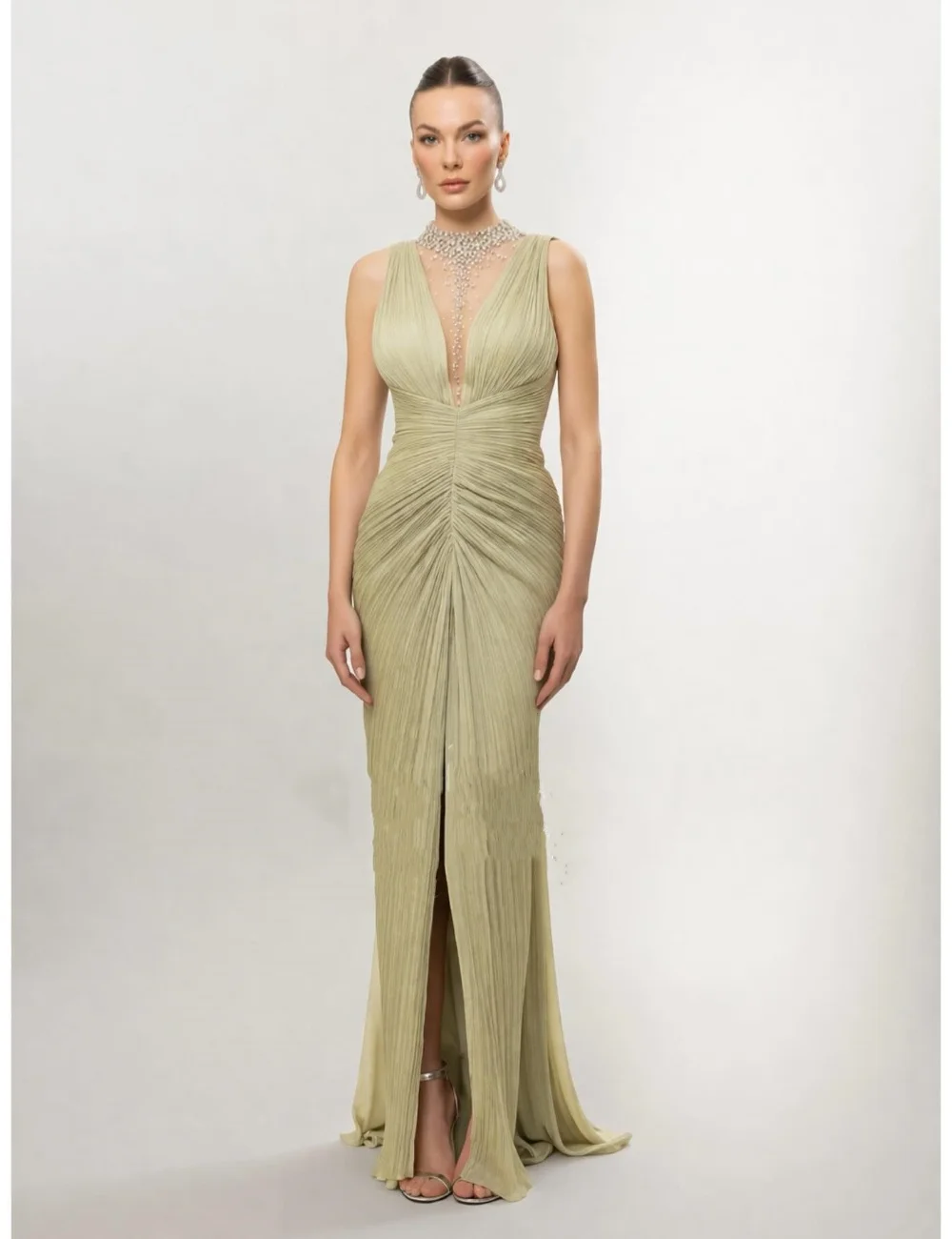 Customized Sparkle Sexy Green Pleat Draped Beading Sequined Rhinestone Mermaid High Collar Floor-Length Evening Dresses