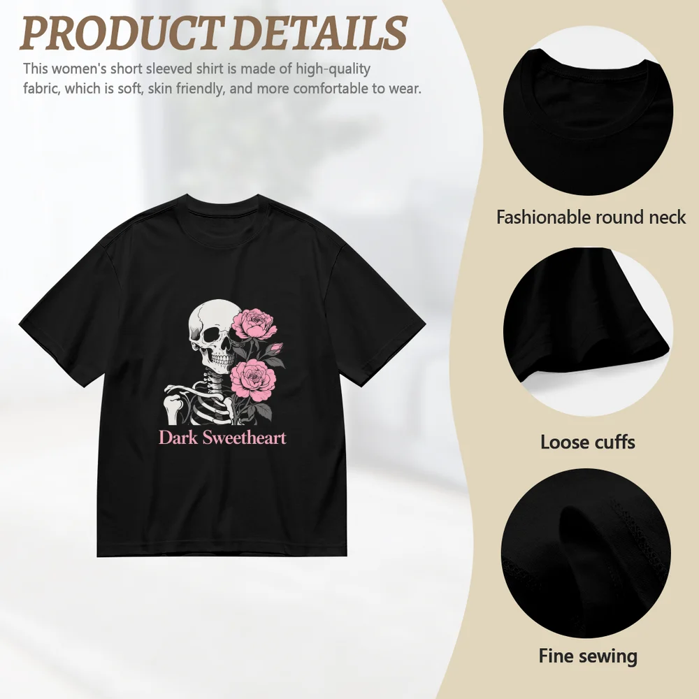 Dark Sweetheart Rose Skull Print Casual Cotton T-Shirts Unisex Tee Shirt Men Women Creative Oversize T-shirt Female Girls Gifts view 4