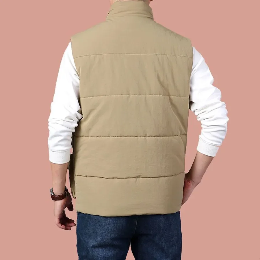 2024 New Men\'s Cargo Vest Winter Thick Fleece Warm Sleeveless Jacket Solid Color Tactical Coat Men Pockets Work Waistcoat 6XL