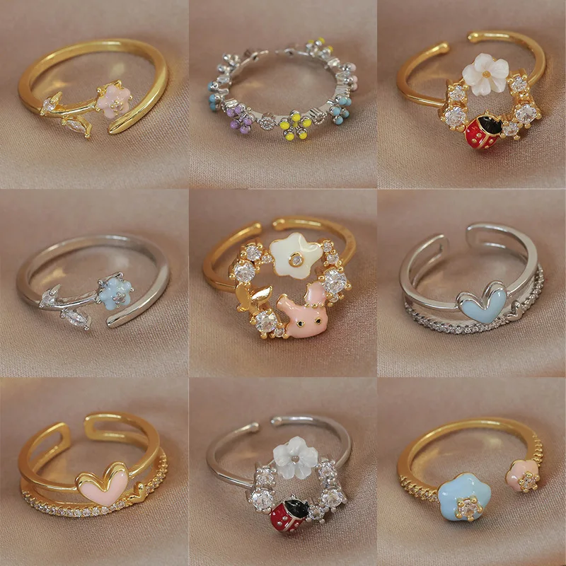 Ring Enamel Flower Heart Zircon Open Adjustable Lightweight Sturdy Versatile for Women Spring Summer Finger Decor