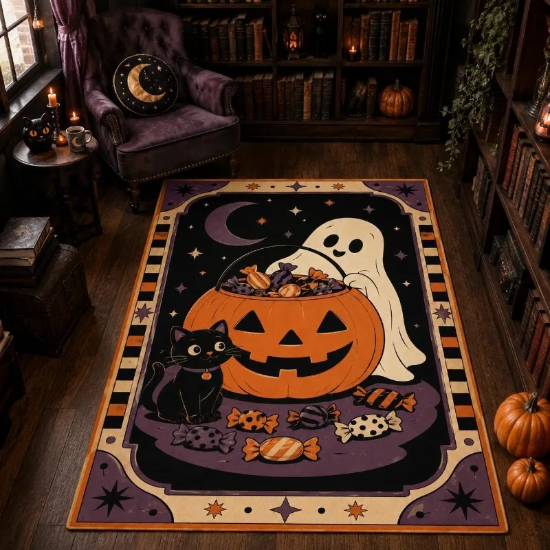 Cute Ghost Trick or Treat Area Rug Spooky Pumpkin Black Cat Carpet Retro Halloween Floor Mat for Home Halloween Holiday Decor