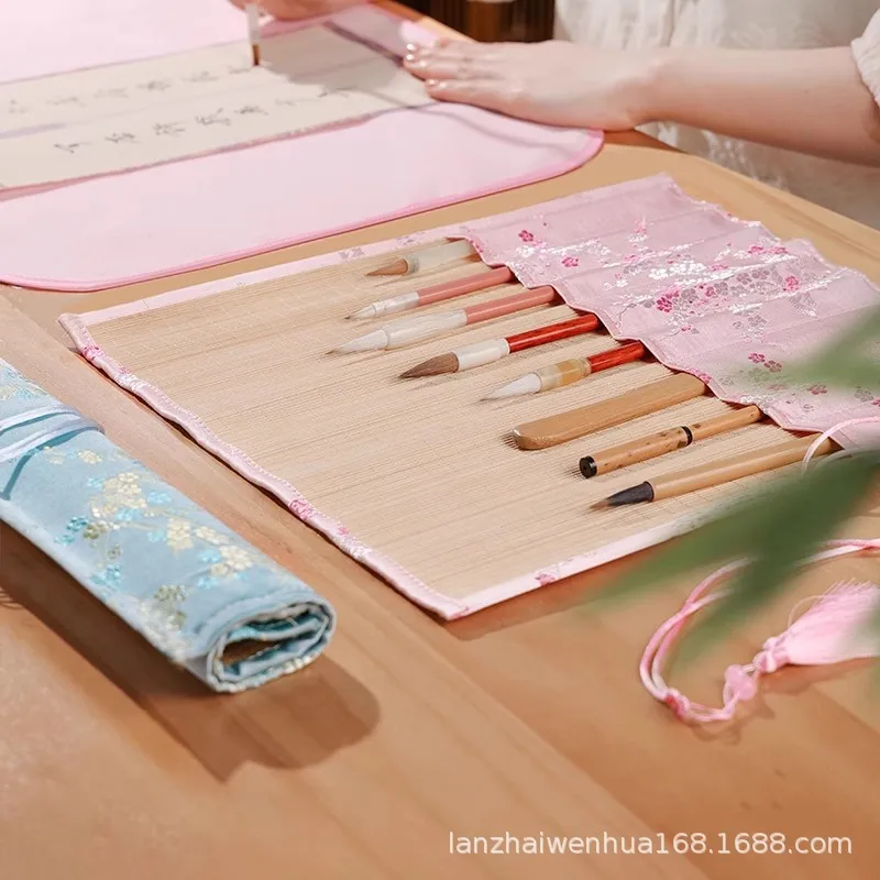 Handmade Roll Up Brush Roll Bag in Woven Jacquard Fabric with Tassel and Natural Bamboo Threads, Foldable Calligraphy Brush