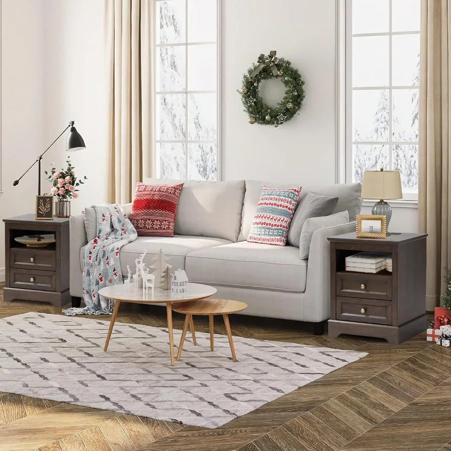 Тумбочка с зарядной станцией Набор из 2 прикроватных тумбочек для фермерского дома с 2 ящиками Прикроватная тумбочка для спальни Торцевой столик Приставной столик