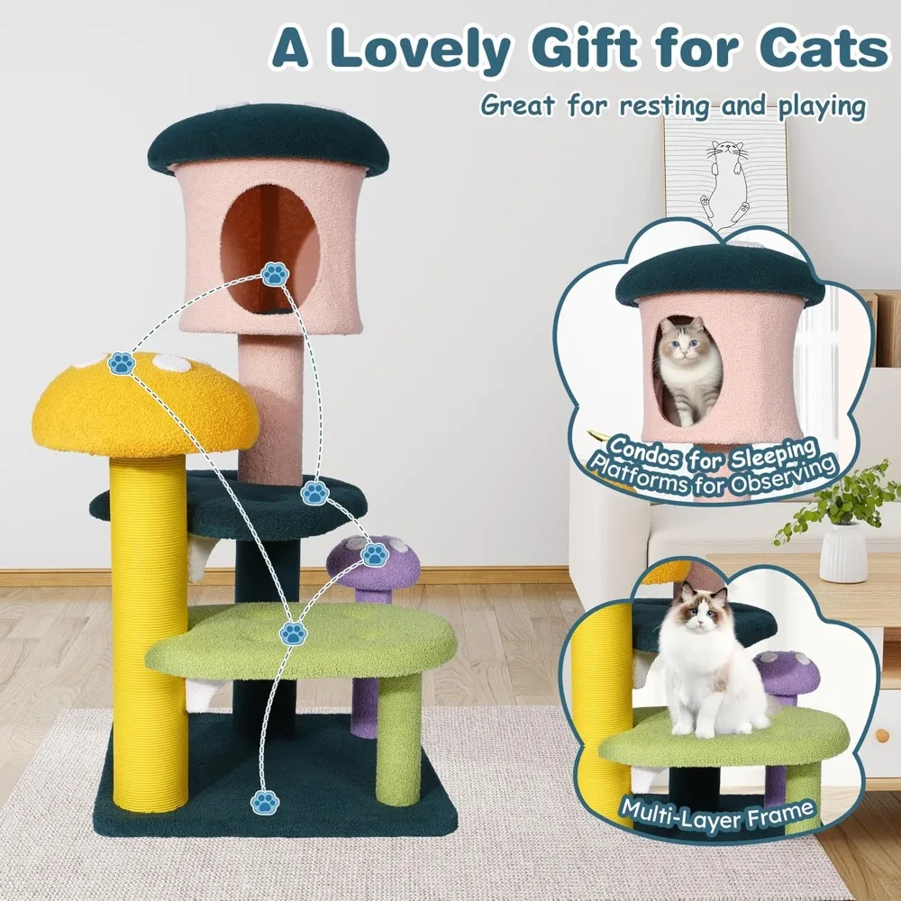 "multi-level sisal-wrapped cat tower with scratching posts and interactive balls for engaging play"