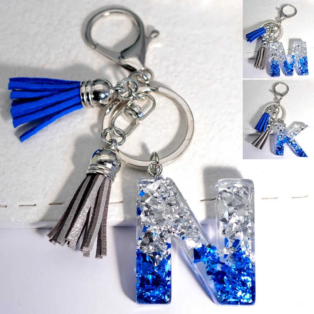 Glacier Sea 26 Initials Resin Keychain A to Z Sequin Filling Keyring for Women Men Blue Gray Tassel Pendant Handbag Accessories