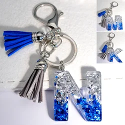 Glacier Sea 26 Initials Resin Keychain A to Z Sequin Filling Keyring for Women Men Blue Gray Tassel Pendant Handbag Accessories