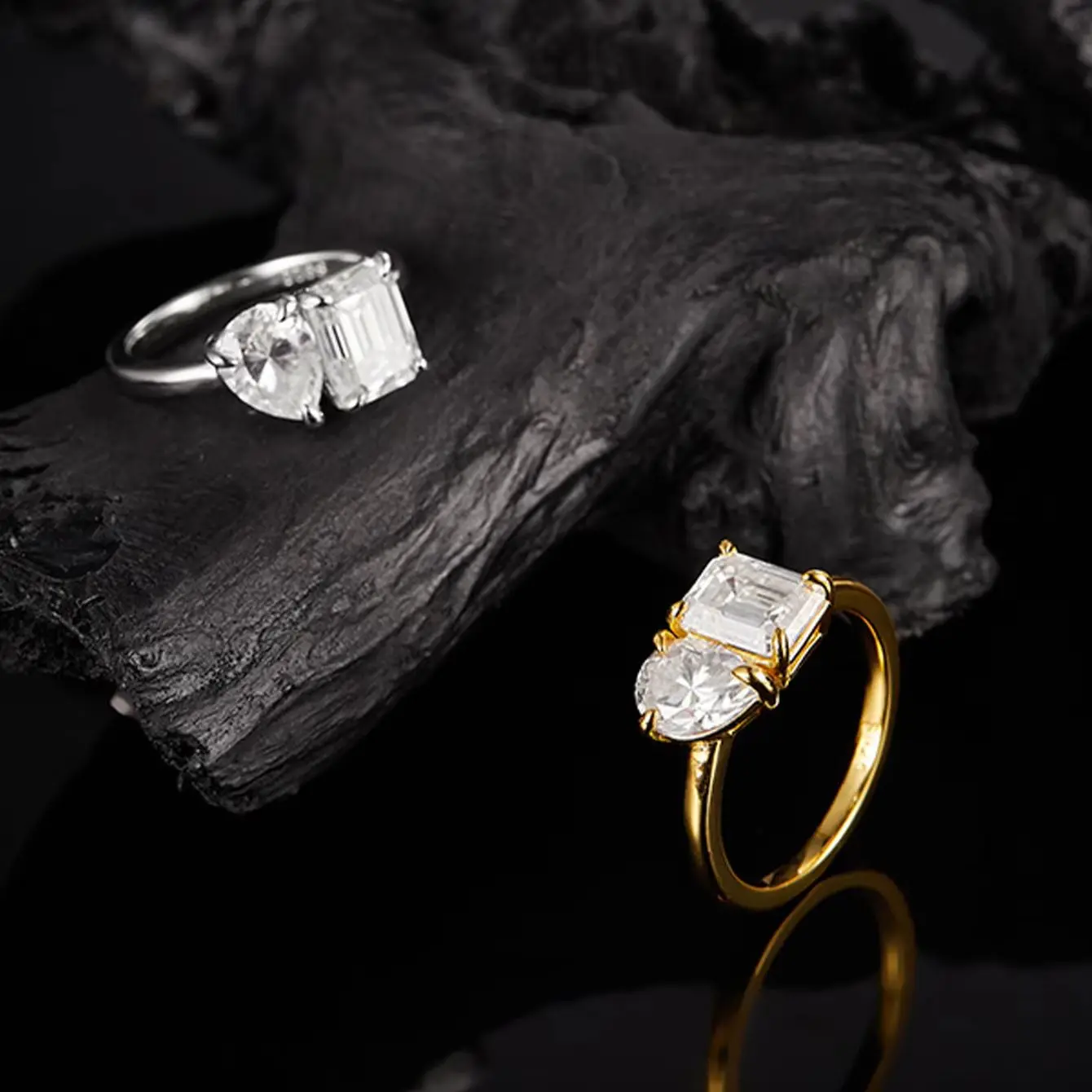 S925 Silver 1 Carat Water Drop Square Double Stone Moissanite Personalized European and American Fashion Wedding Engagement Ring