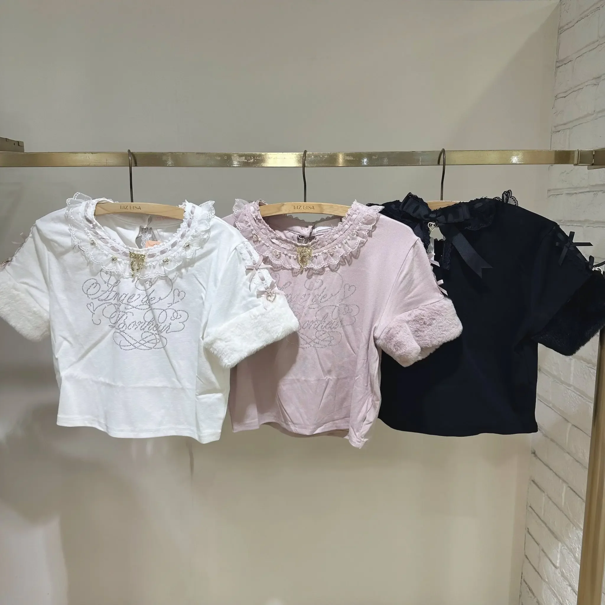 Japanese Clothes Summer New Sweet Cute Rhinestone Letter Bow Embroidered Short-sleeve T-shirt High Waist White Tshirt Crop Tops