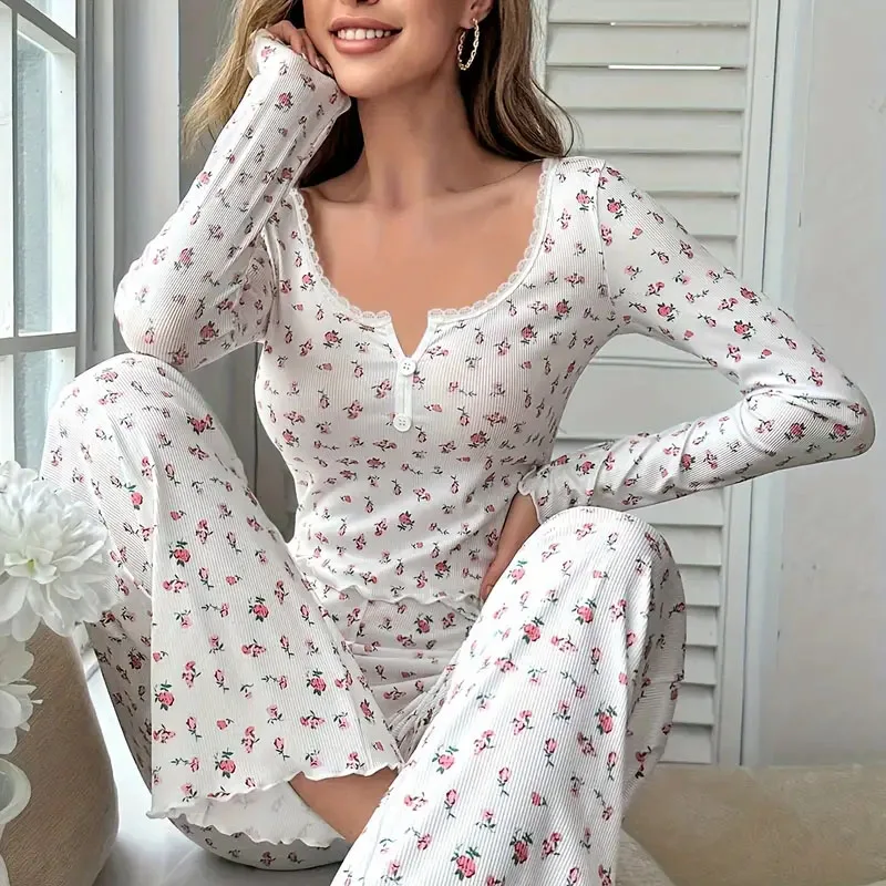

Женские пижамные комплекты с цветочным принтом, топ с длинными рукавами + брюки, милый комплект домашней одежды, женская домашняя одежда, эластичный пояс, ночная рубашка, костюм