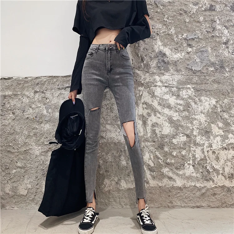 

Retro Hong Kong style slimming high-waisted jeans chic ripped slits stretchy pencil Skinny pants