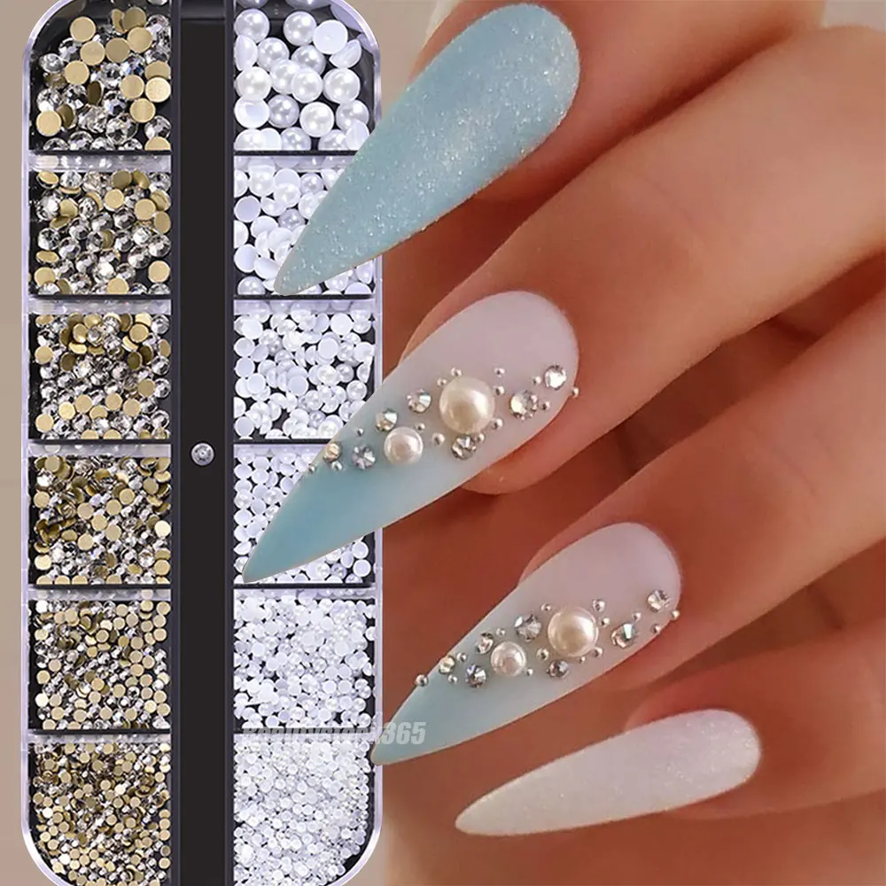 12 Griglia (1,7-5 mm) 3D Perle bianche semicircolari Ciondoli per unghie 1.6-3,7 mm Vetro con retro piatto Rotondo Strass per unghie Gemme per unghie lucide per manicure