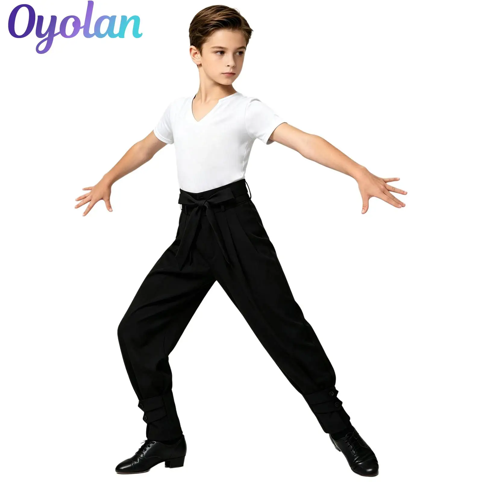 

Kids Boys Latin Dance Outfits Practice Performance Costume V-neck Short Sleeve T-shirt with Button Bottom Pants And Belt
