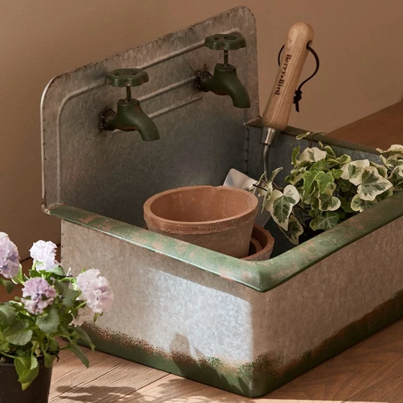 Retro Iron Old Faucet Planter for Garden Rustic Outdoor Flower Pot for Balcony Creative Yard Container Farmhouse Flower Bucket