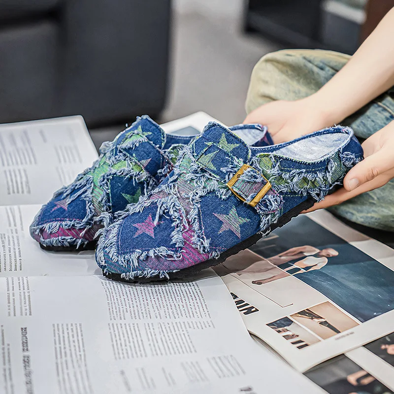 Denim distressed men's half drag non collision style trendy casual shoes men's slippers