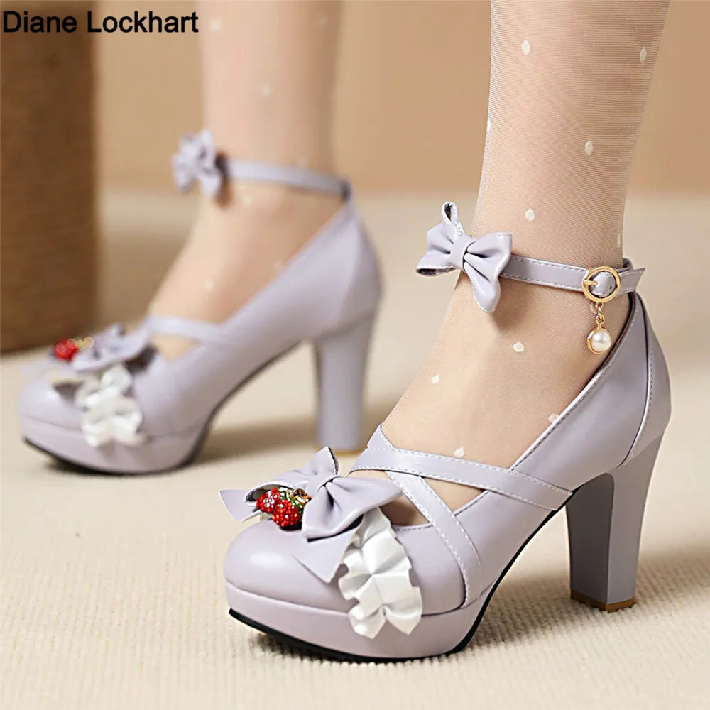 2024 Summer Ladies Platform Cute Bow Lace Princess Mary Jane Sweet Girls Lolita Shoes Party High Heel Buckle Women Pumps 31-43