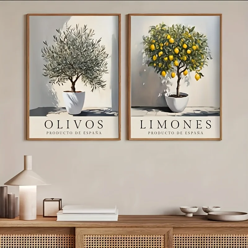 2pcs/set Olive Tree Lemon Tree Canvas Printing Mediterranean Plant Wall Art Poster for Modern Living Room Kitchen and Home Decor