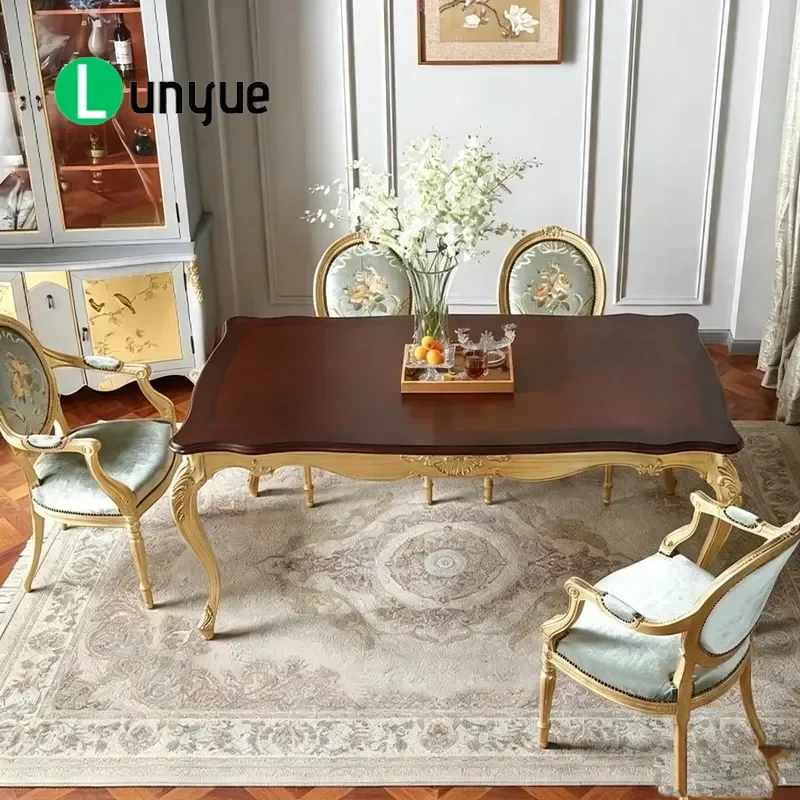 French Light Luxury Solid Wood Carved Long Dining Table European Classical Style for Villa Hotel Restaurant Home Furniture