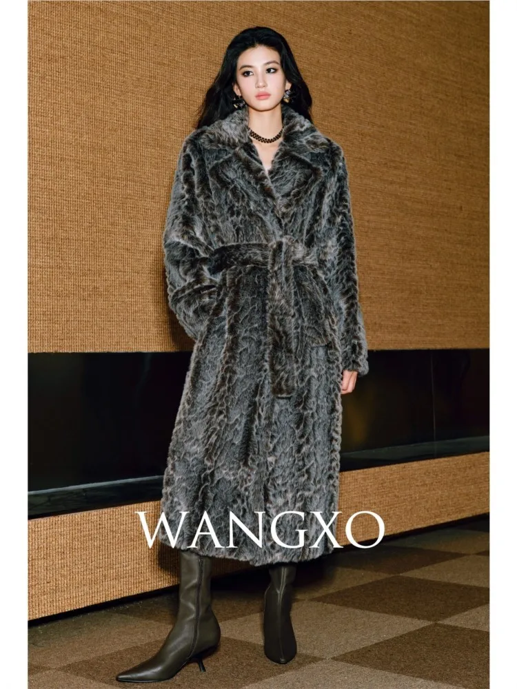 A long fur coat with small lake water ripple stylish belt and lapel