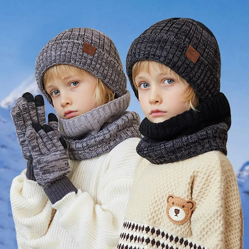 

3PCS Children Knitted Hat Scarf Gloves Set Thicken Velvet Lining Beanie Winter Neck Warm Scarves Glove for Boys Girls 4-10 Years