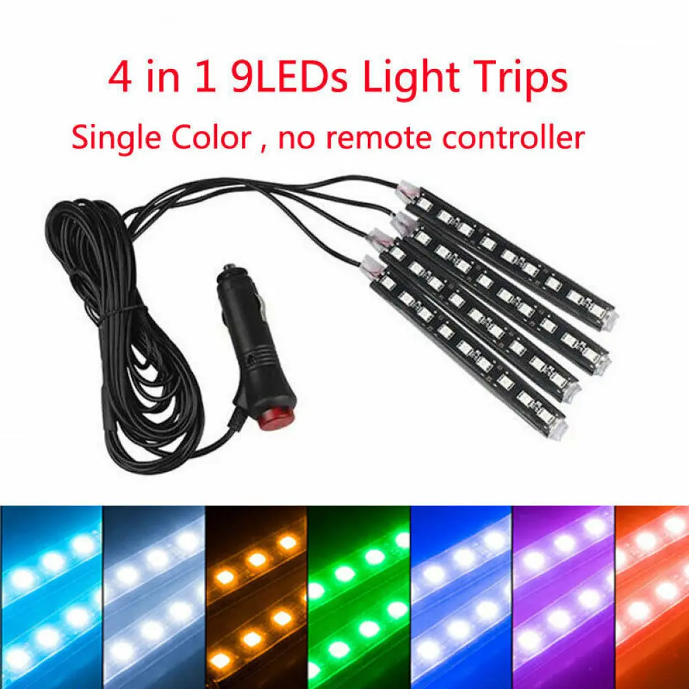 4x 9LED Strip Light Set Car Interior Footwell LED Strip Lights 12V RGB Multicolour Atmosphere Lamp Decoration Auto Accessories