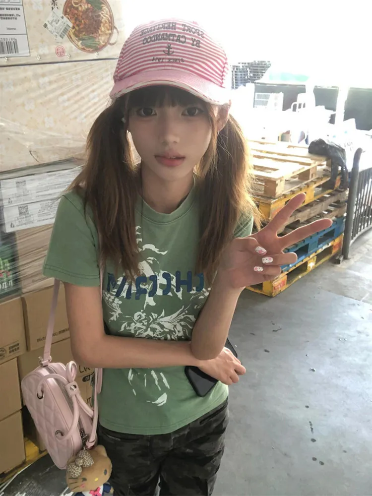 Y2K Japanese Graphic Tee Women Summer Top Green