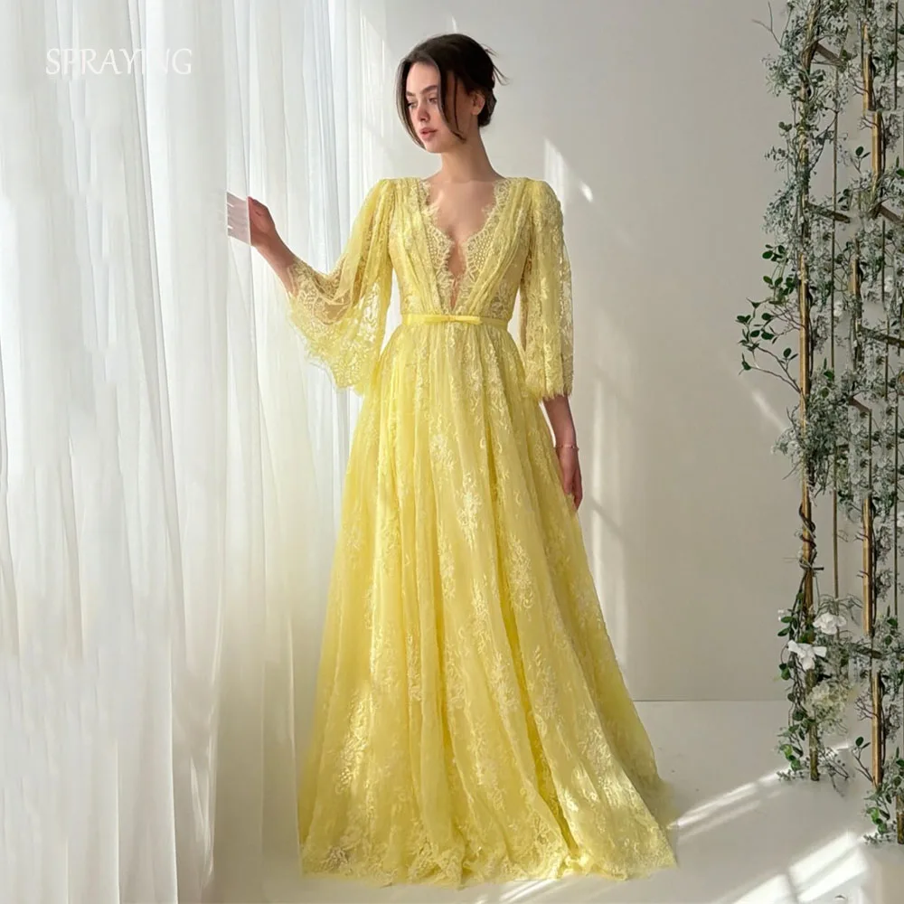 SPRAYING Luxury Yellow Lace Evening Dresses Sexy V-Neck Long Sleeves Party Dresses A-line Long Special Event Dresses Customized