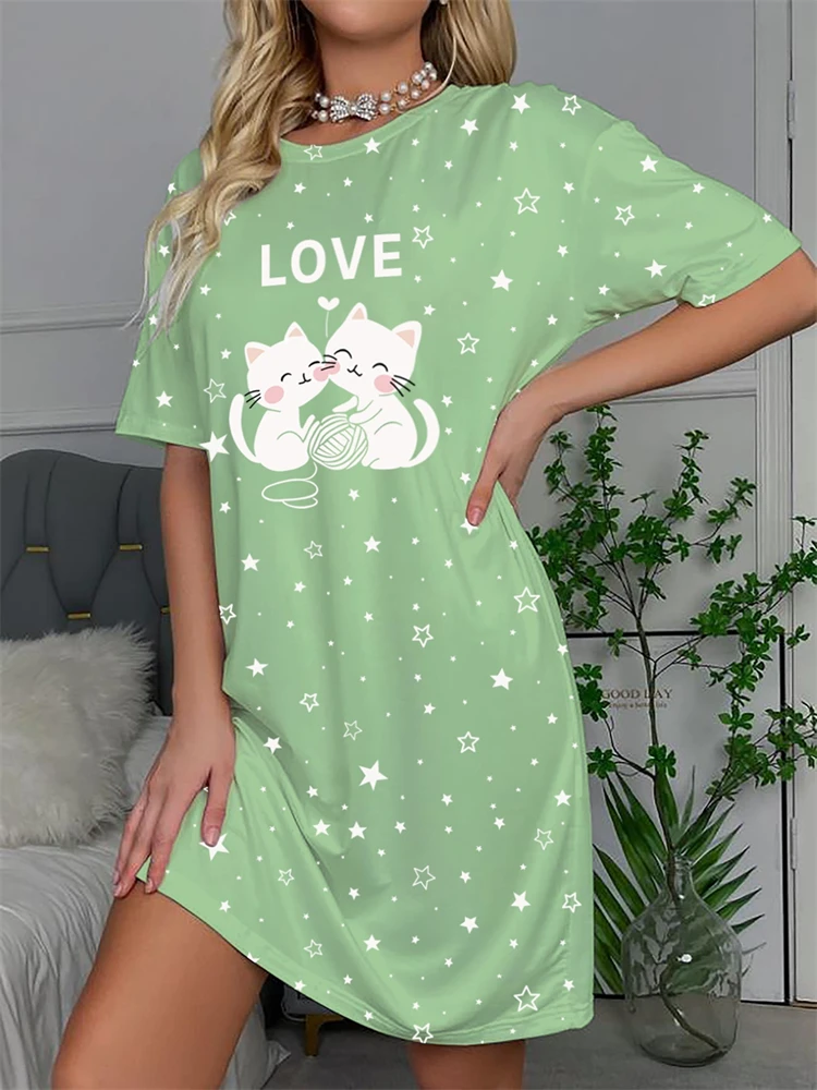 New Women's Summer Cat-Print Casual Pajamas Loose-Fitting Comfortable Short-Sleeve Loungewear Dress with A Soft Texture