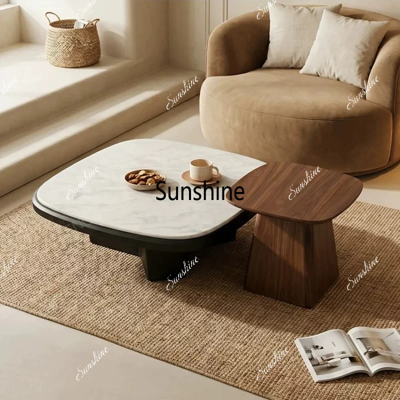 Medieval style living room rock slab coffee table modern light luxury solid wood round coffee table