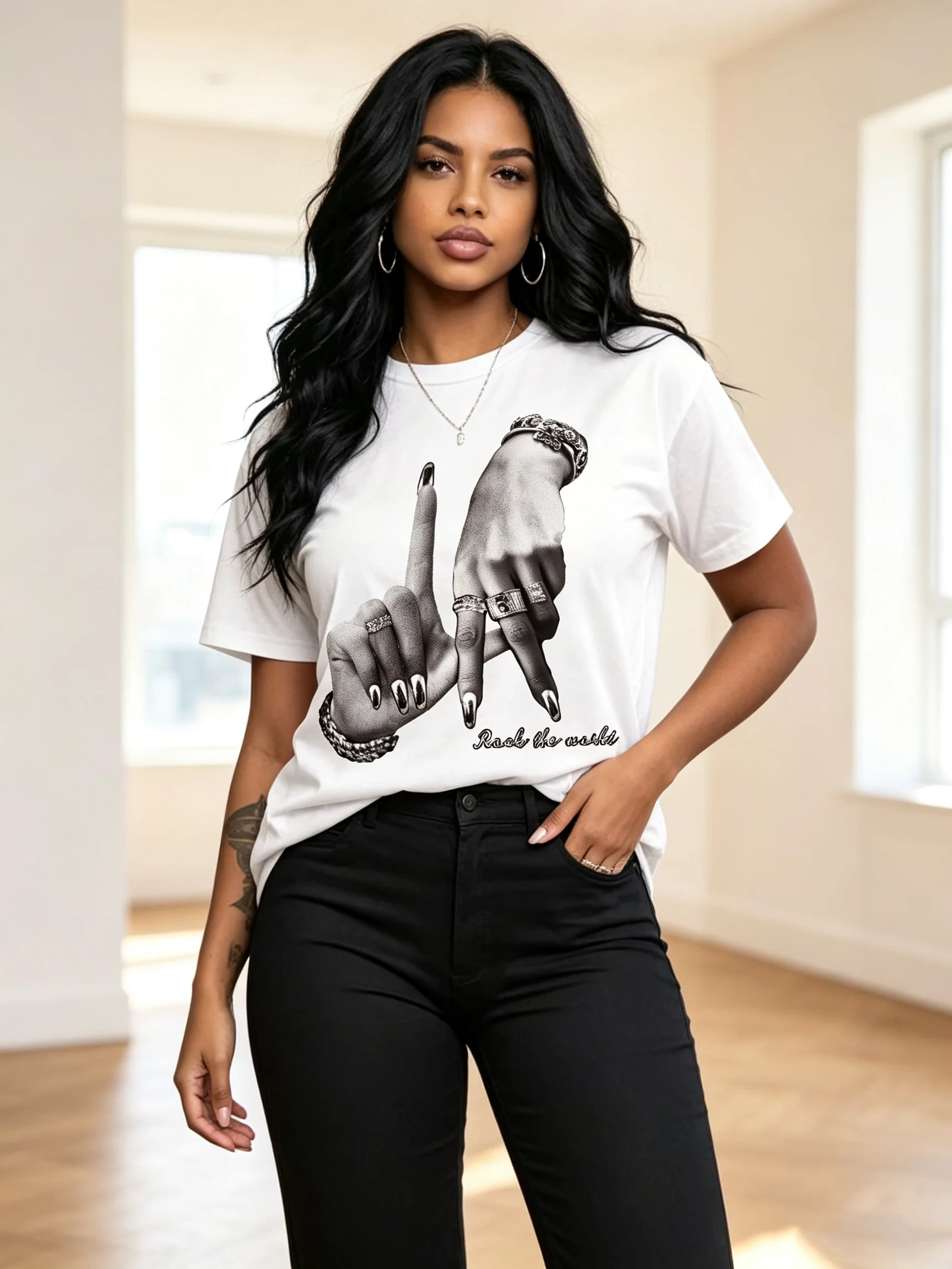 Ladies Vintage Silver Jewelry Hand Slogan Print Casual Loose Fit T-Shirt Wrinkle Resistant Cotton Blend Top