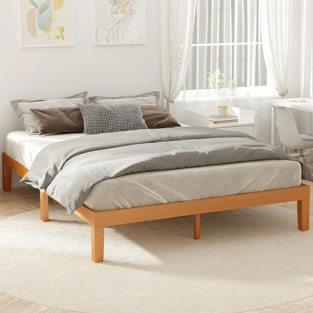 

Solid Wood Queen Bed Frame with Wooden Slat Support, Durable, Stylish, Noise-Free Design, No Box Spring Needed, Easy Assembly, 1