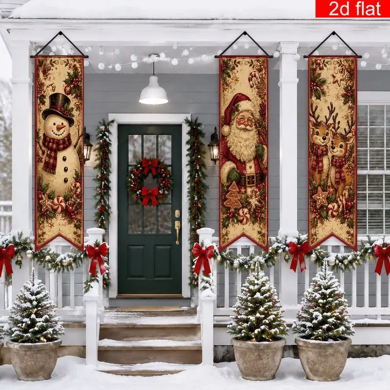 VIKAMA Christmas Vertical Hanging Banners Set of 3 Snowman Santa Reindeer Wall Decor for Porch Holiday Party Backdrop