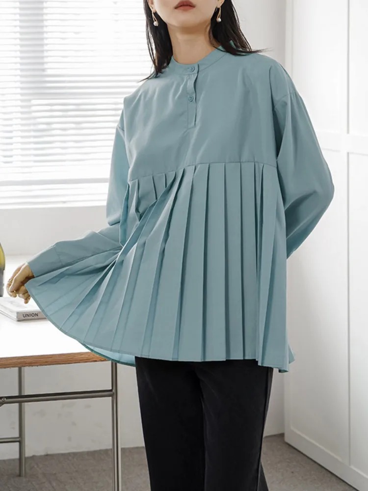 Bonboho-Camiseta de manga larga con cuello levantado para mujer, camisa plisada abotonada a la moda, Tops informales, Color sólido, 2026