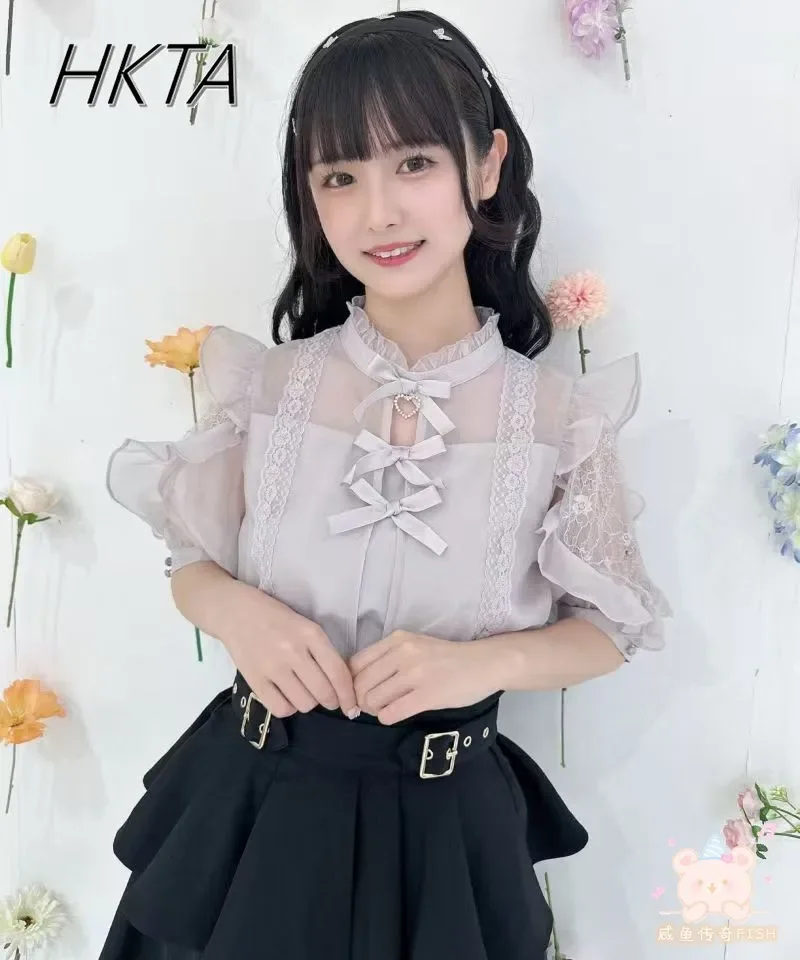 Japanese Rojita Blouse Mine Series Mass- Produced Bow Solid Color Top Sweet Lace Splicing Pendant Short-sleeve Shirt Lolita Girl