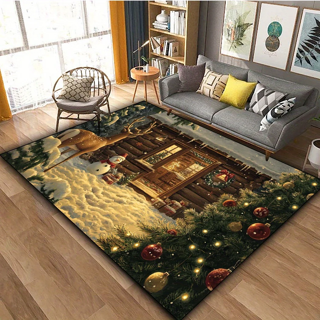 1pc Christmas House Reindeer Snowman Pattern Area Rug, Easy To Clean, Ideal Christmas Home Decor, Perfect for Terrace Garden