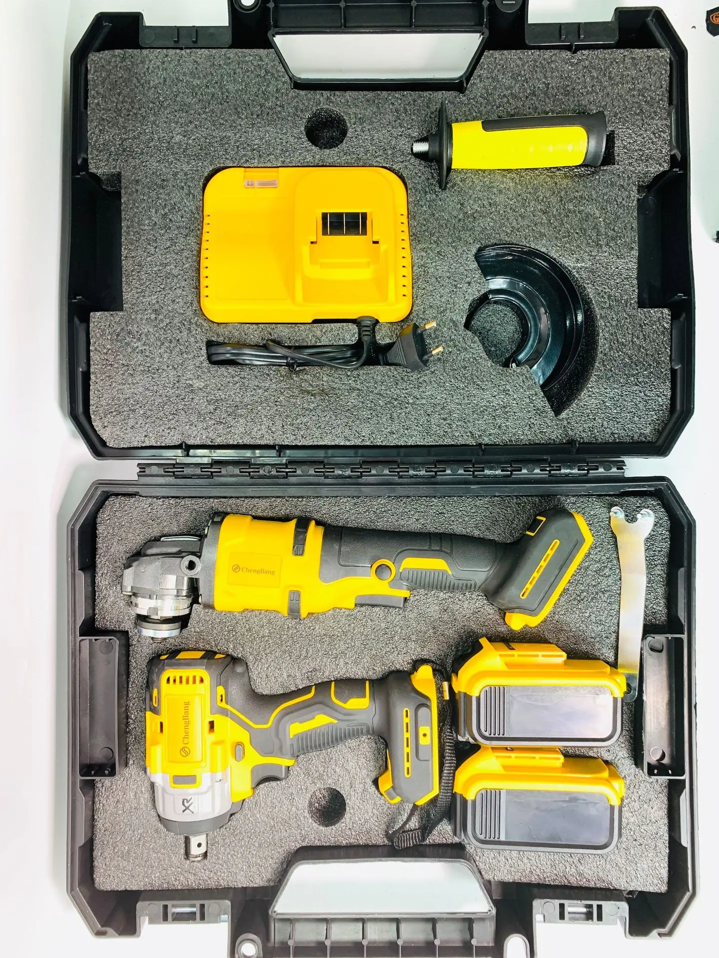 Set of 2pcs Power Tools Rechargeable Lithium Brushless Electric Angle Grinder Cordless Wrench Combination Tool Set Yellow A01