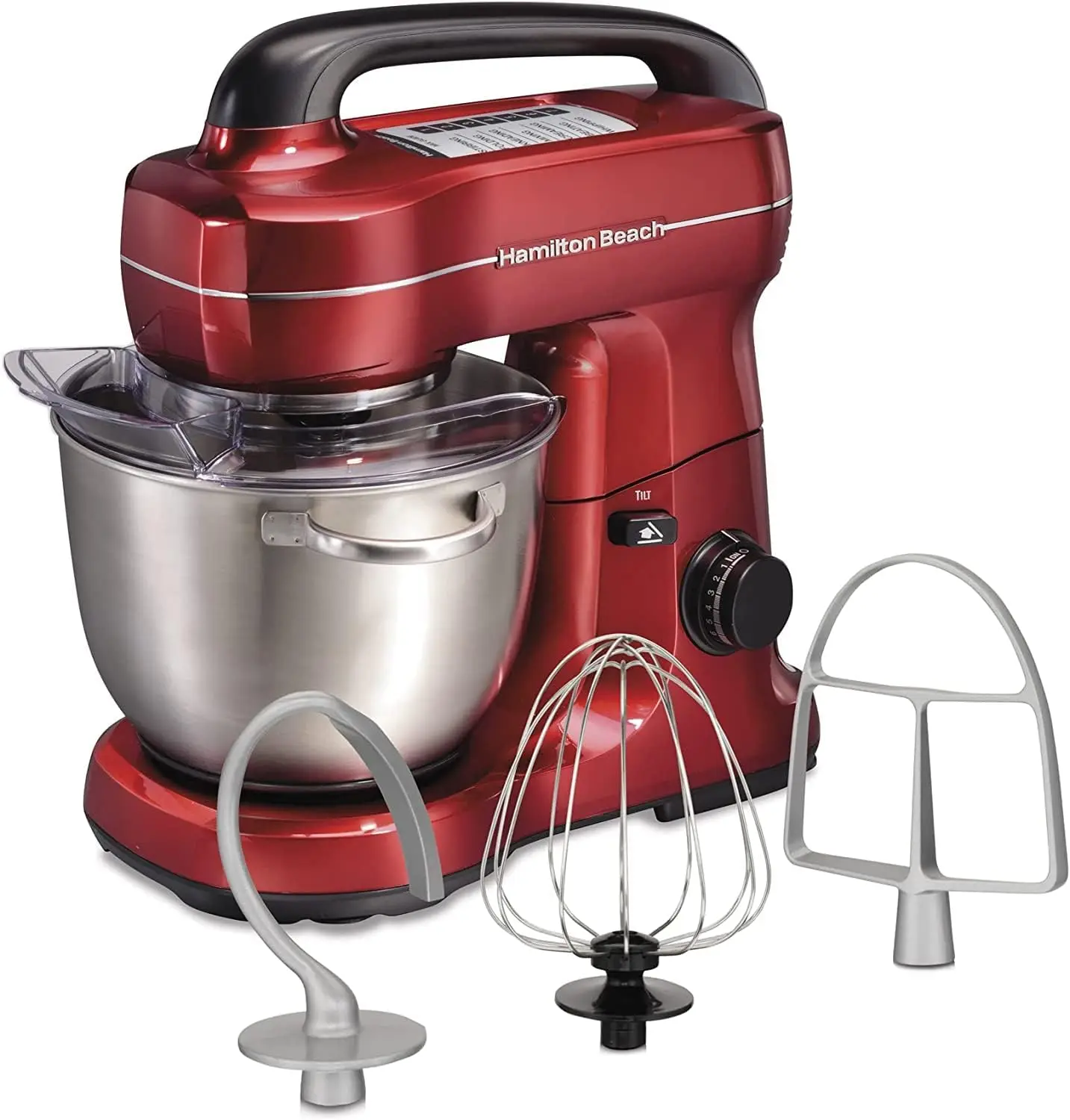 

4 Quarts, Dough Hook, Flat Beater Attachments, Splash Guard 7 Speeds with Whisk, Red