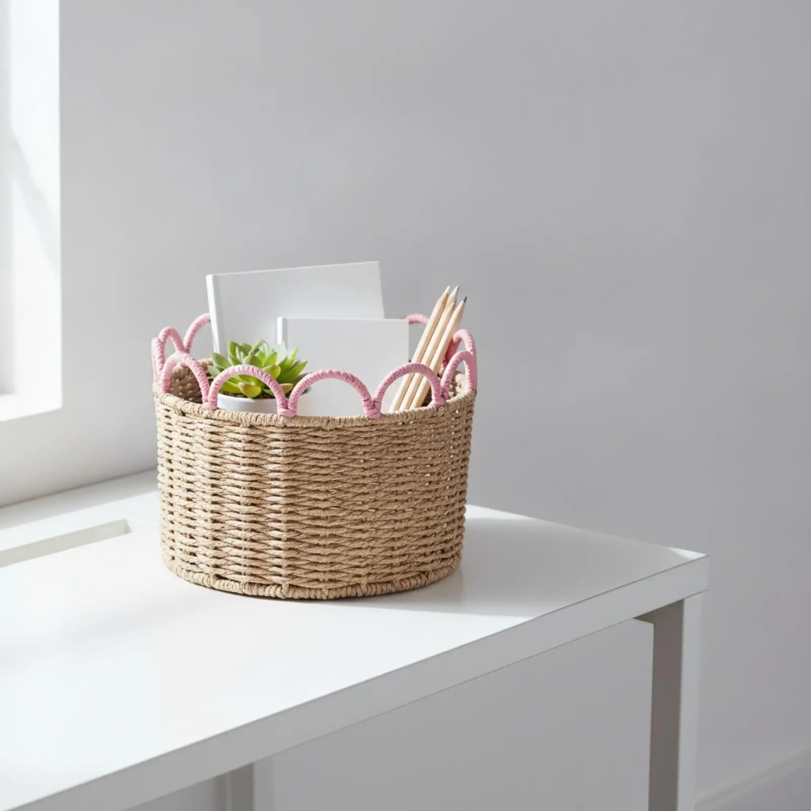 Basket with Raised Pink Rope Arch Border Ventilated Handwoven Storage Basket Sturdy Natural for Desktop Organization, Nursery