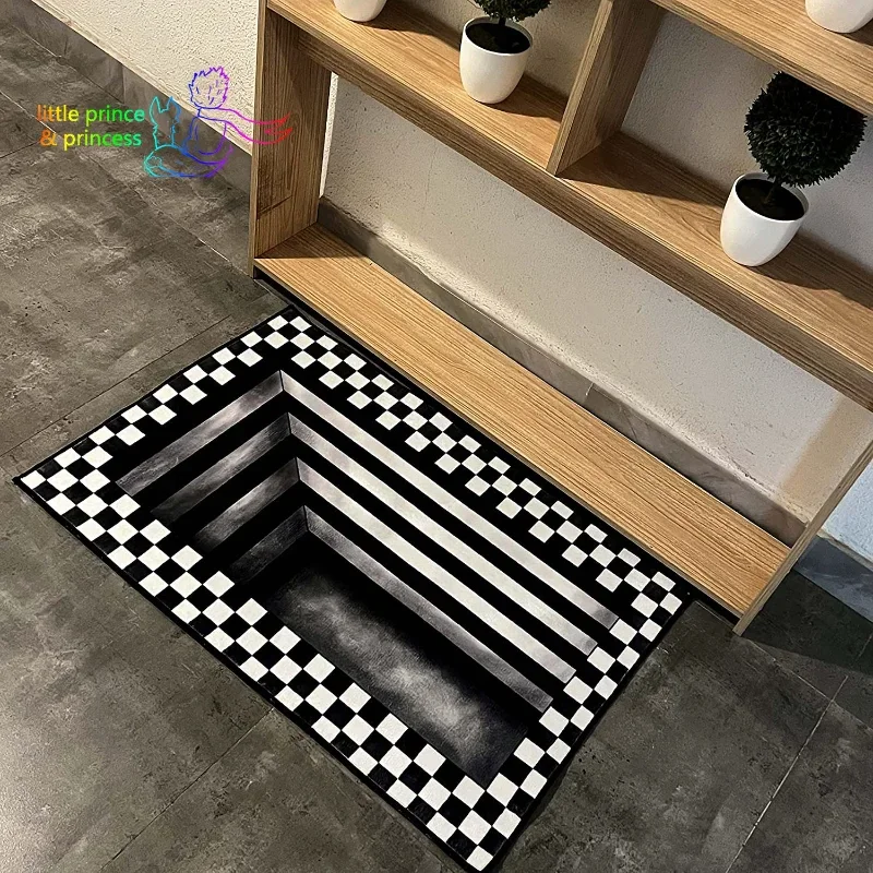 3D Vortex Illusion Square Rug Outdoor Mat Black and White Checkerboard Trap Floor Mat Decor Indoor Carpet Vortex Rug