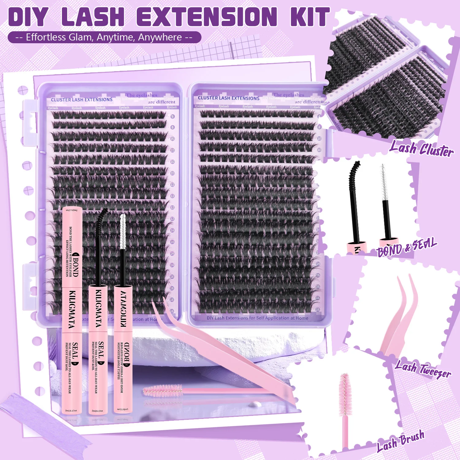 612Pcs 80D+100D Lash Clusters Kit D Curl 8-16mm DIY Lash Extension Kit With Bond Seal Tweezers Fluffy Individual Lashes For Begi