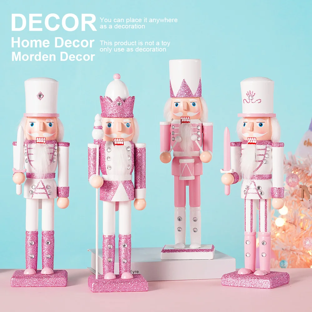 

30cm Christmas Gifts Nutcracker Pink Glitter Soldier Doll Creative Handicraft Figurine Wooden Puppet Ornaments Desktop Decor