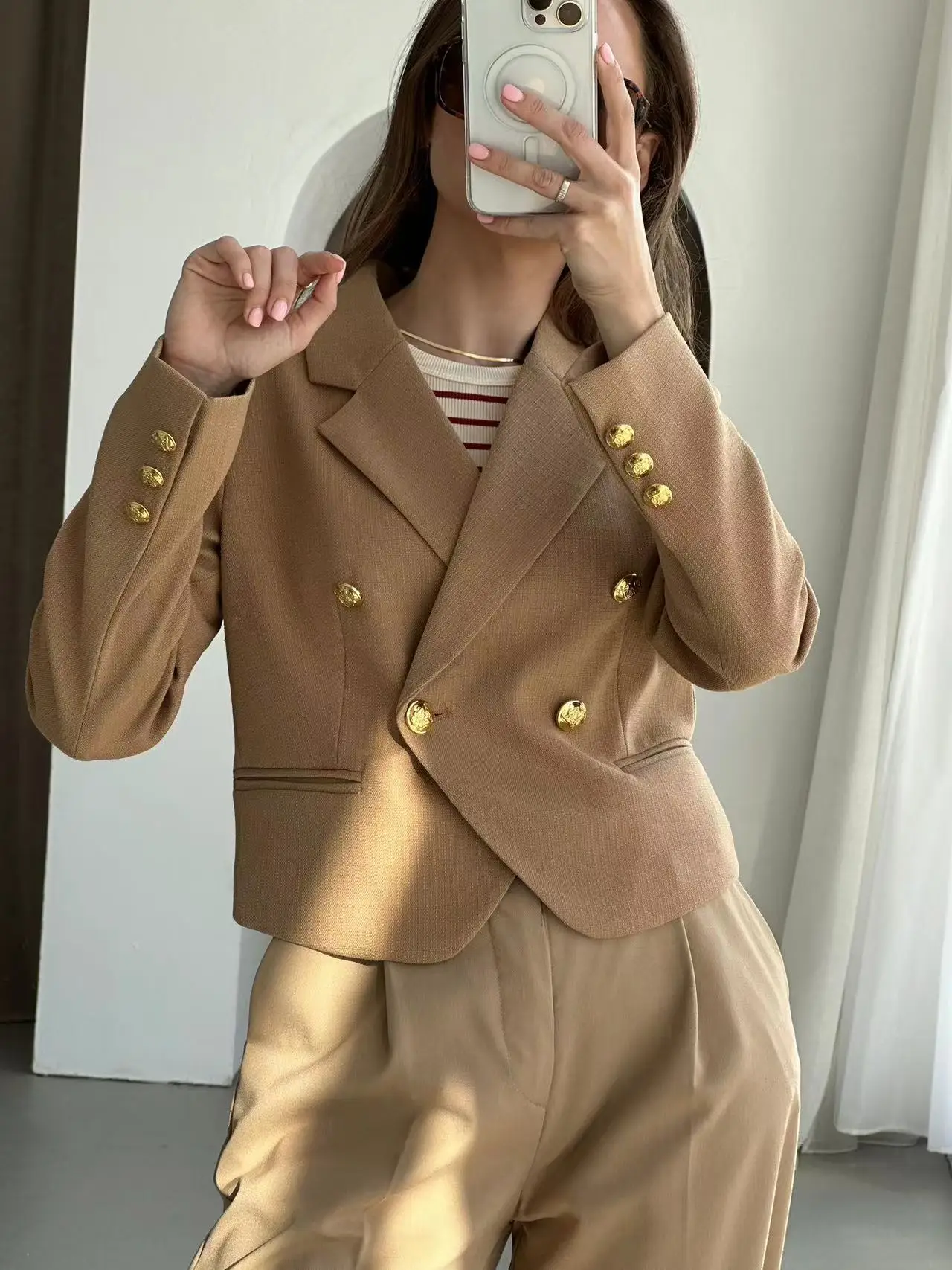 Spring 2024 casual crop blazer suit loose jacket women long sleeve camel coat female