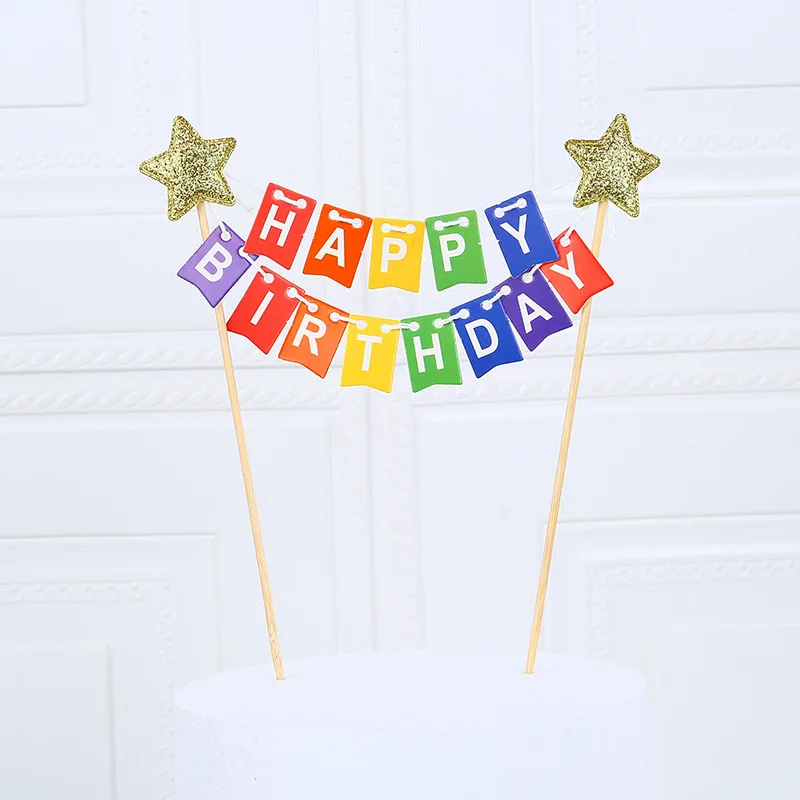Neuer Happy Birthday Tortenaufsatz Kindergeschenk Dessert Bunte Ziehblumen-Flagge DIY Geburtstagstorten-Dekoration Baby-Shower – Detail 6
