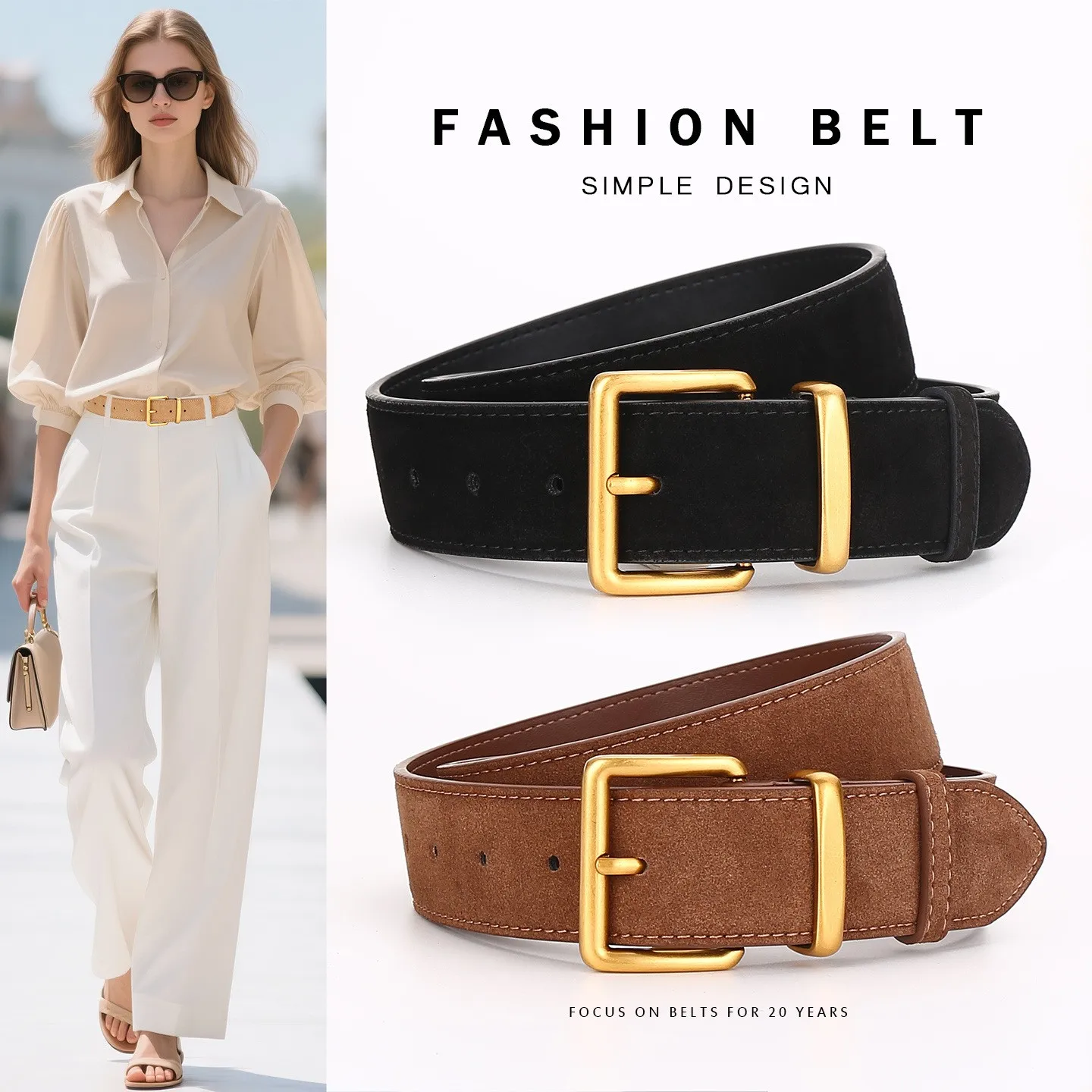 

High Grade Retro Brown Women Belt Frosted Suede Cowhide Leather Gold Metal Buckle Luxury Fashion Waist Belt