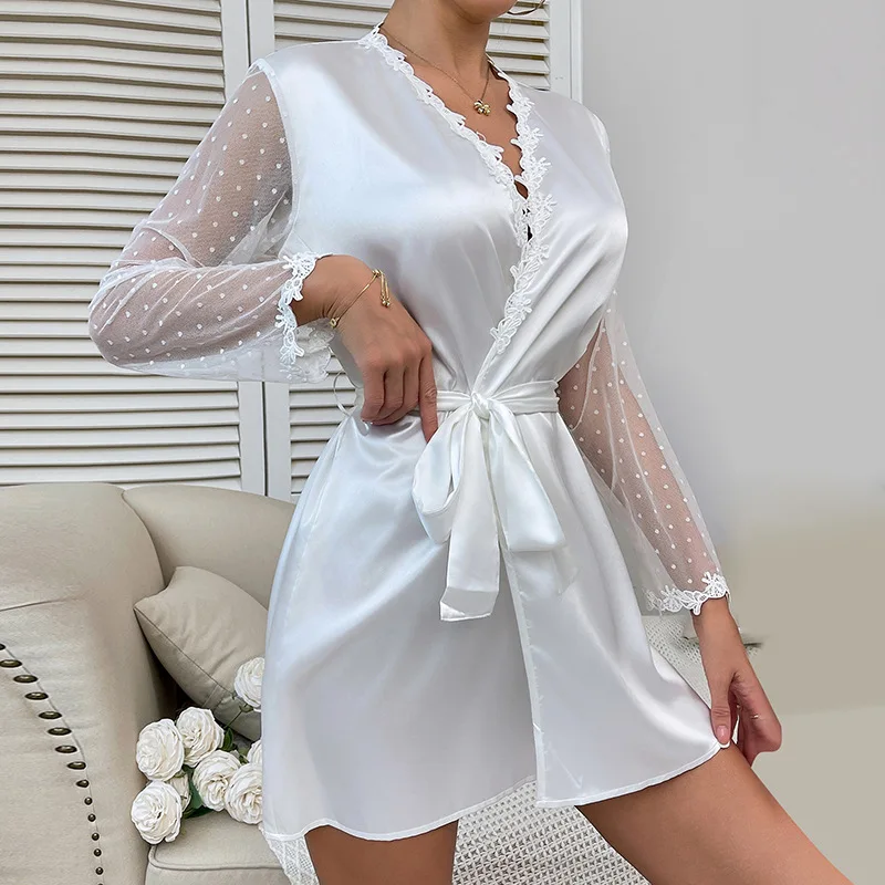 Sexy Fashion Women's White Polka Dot Robe  V-Neck Lace Trim Belted Mesh Sleeves Nightgown Lazy Style Loungewear for Home